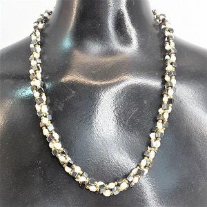 Hematite and Freshwater Pearl Necklace 23" 3 Twisted Strand Black White Gold